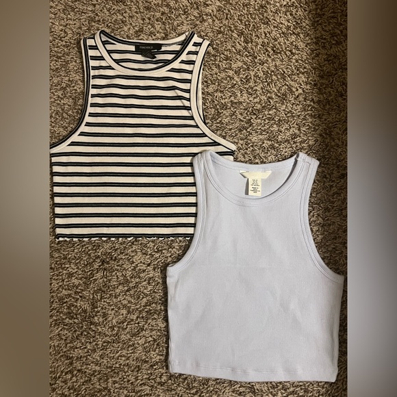 2 in 1. Tank crop tops. Black & white stripper + solid sky blue. 🩵🤍🖤 - Picture 1 of 9